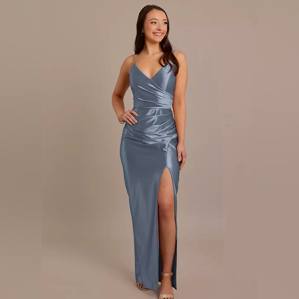 NWOT Celebrate DB Studio Sculpting Satin Bridesmaids Dress Steel Blue